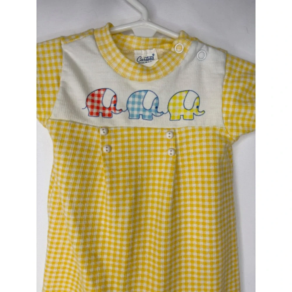 Vtg Carters Baby Romper Yellow White Gingham Elephant 6 Months‎ Preppy USA
